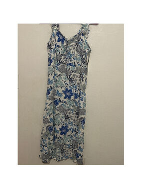 Japna Blue Floral Smocked Midi Dress Lace Up Neck Ruffle Strap Womens M K127